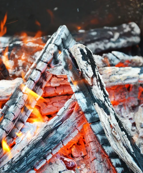 Flaming wood charcoal
