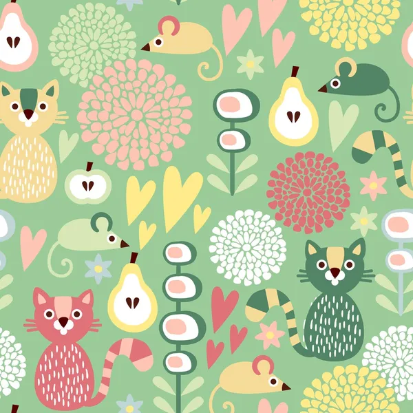 Cute colorful cartoon seamless floral vector pattern with animals cat and mouse