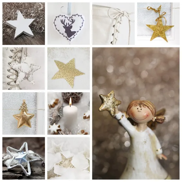 Christmas collage in white and gold with angel, candle, stars an