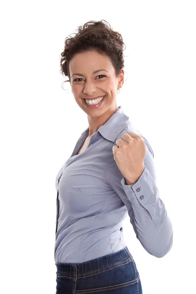 Powerful successful young business woman in a blue blouse.