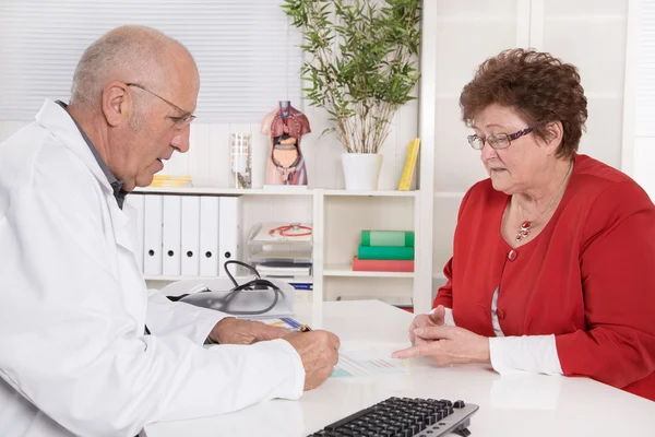 Portrait of an older doctor talking with his female patient.