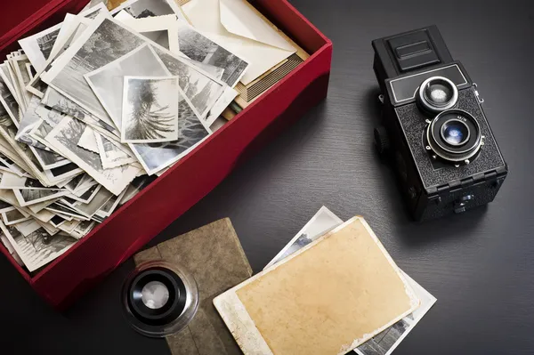 Retro camera and photos in a box