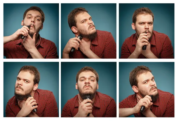 Collage of portraits: Man who shaves his beard with a trimmer