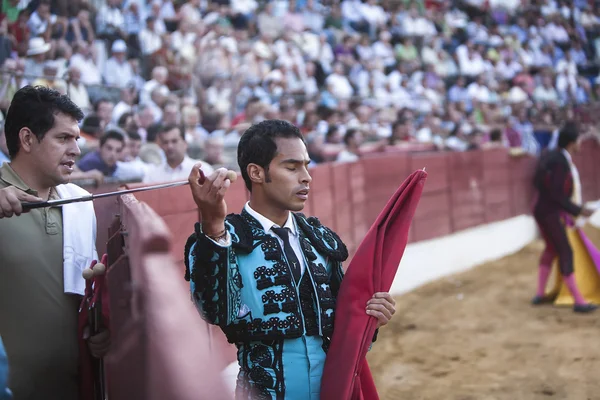 Bullfighter Luis Bolivar picking up the sword to kill the bull in the Bullring of Baeza
