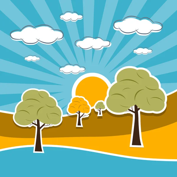 Nature Scenery Retro Illustration with Clouds, Sun, Sky, Trees