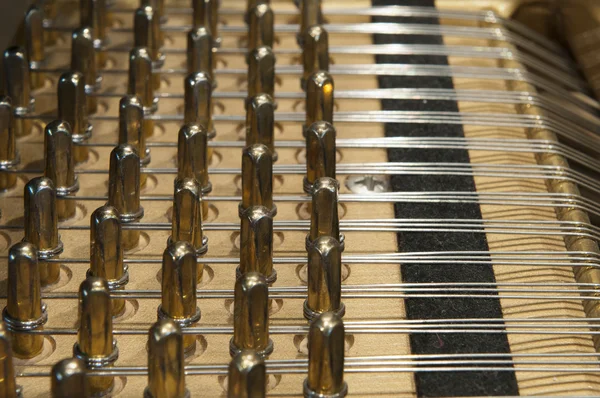 The inside of a grand piano with strings and mechanics