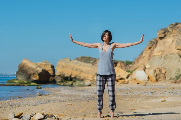 Woman has morning gymnastic