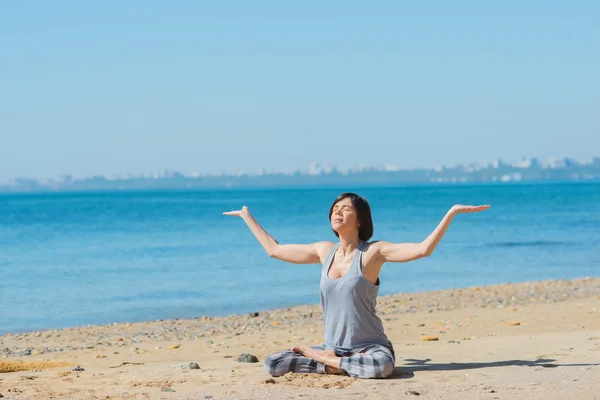 Woman has morning gymnastic