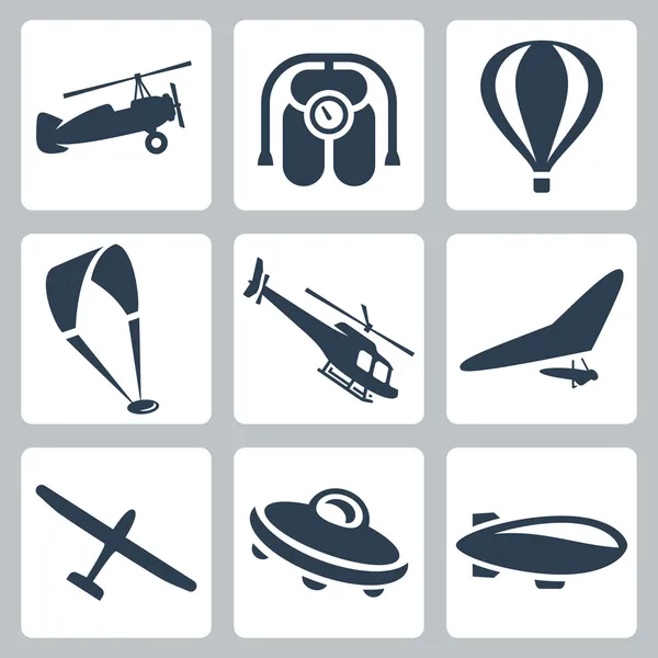 Vector aircrafts icons set: autogyro, jet pack, air baloon, paraglider, helicopter, hang-glider, glider, flying saucer, airship