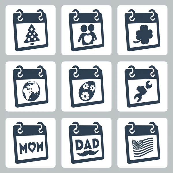Vector calendar icons representing holidays: Christmas or New Year, Valentine's Day, St. Patrick's Day, Earth Day, Easter, Labor Day, Mother's Day, Father's Day, Independence Day or Flag Day