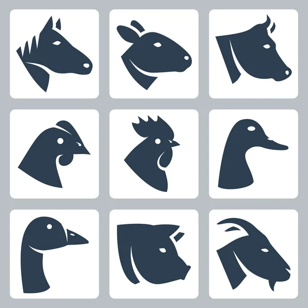 Vector domesticated animals icons set: horse, sheep, cow, chicken, rooster, duck, goose, pig, goat