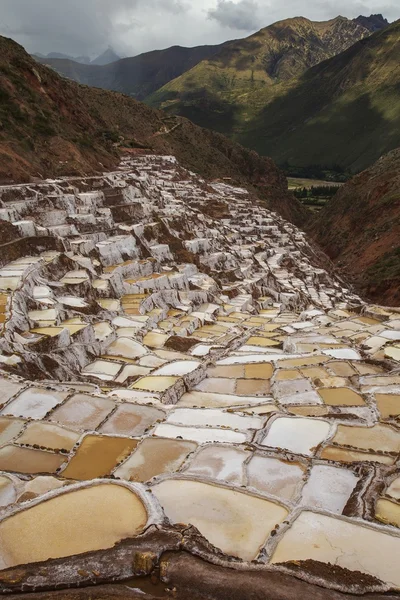 View of Salt ponds, Maras, Peru, South America with Andes and cloudy sky in the background