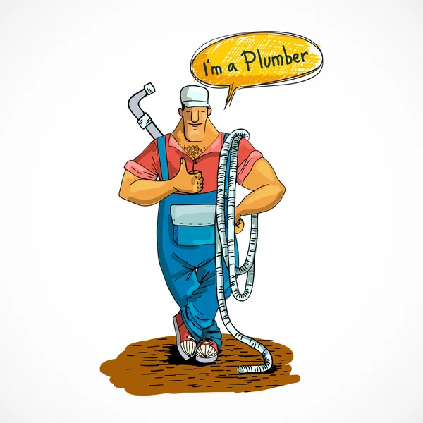 Plumber with water pipe and hose