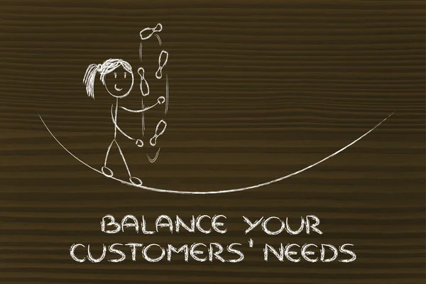 Balancing and managing customers\' needs: funny girl juggling