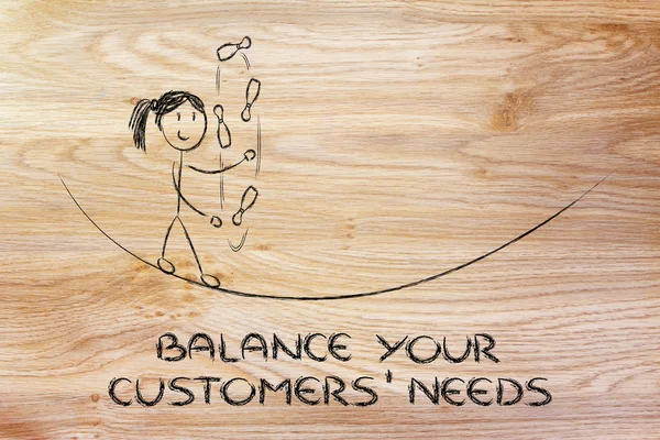 Balancing and managing customers\' needs: funny girl juggling