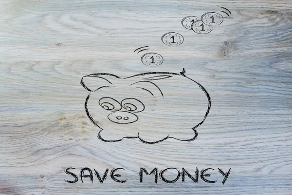 Finance and saving money, funny piggy bank with coins dropping i