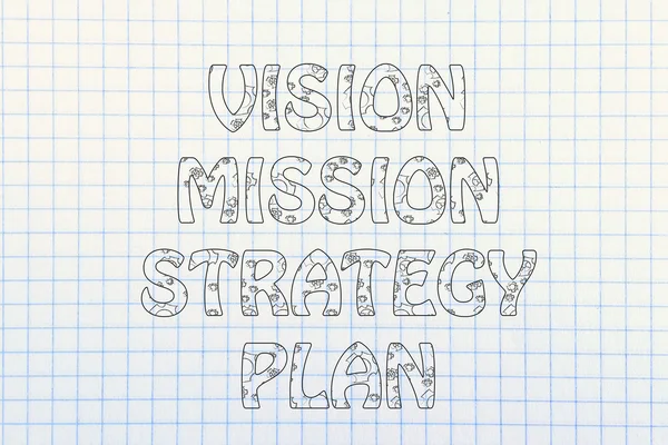 Vision, mission, strategy, plan writing with glowing gearwheels