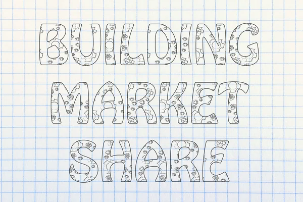 Building Market Share writing with glowing gearwheels pattern