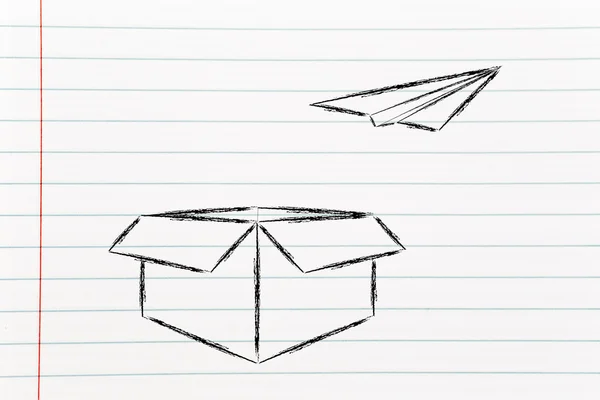 Paper airplane flying out of a box: think outside the box