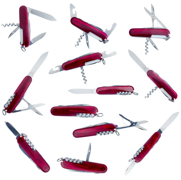 Red Swiss Army Knife multi-tool, isolated on white from different view