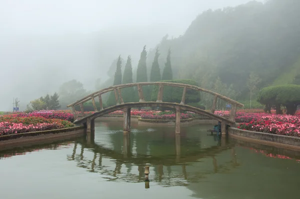 Wooden bridge in flower garden and mist background