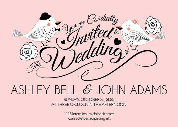 Pink Wedding Invitation Card with Bird in Vector
