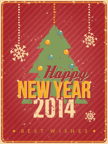 Vector retro postcard with new year tree silhouette and decorations on old red background.