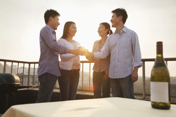 Group of Friends Toasting Each Other on Rooftop at Sunset