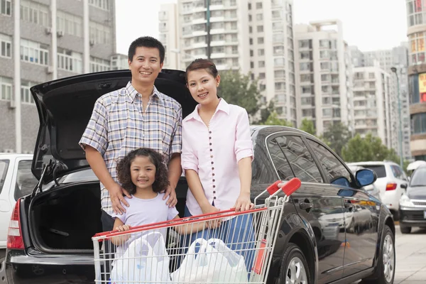 Family with shopping cart standing next to the car