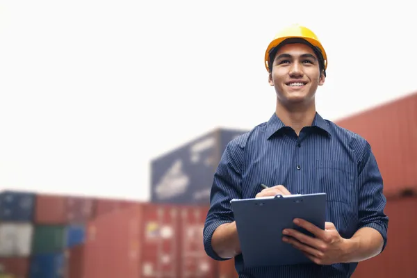 Engineer in a shipping yard examining cargo