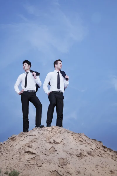 Two young businessmen standing on the top of the hill