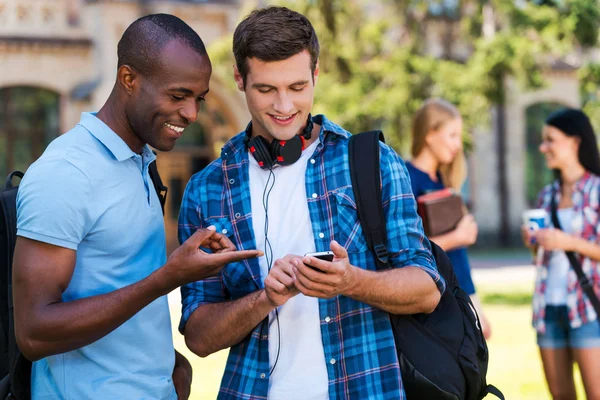 Two cheerful men looking at mobile phone