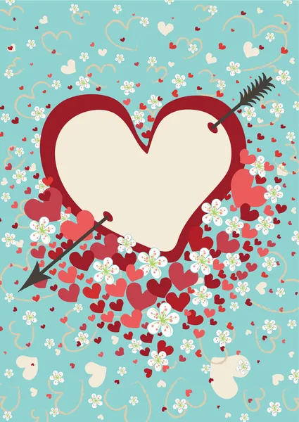 Heart pierced by arrow with spring flowers.Vintage background
