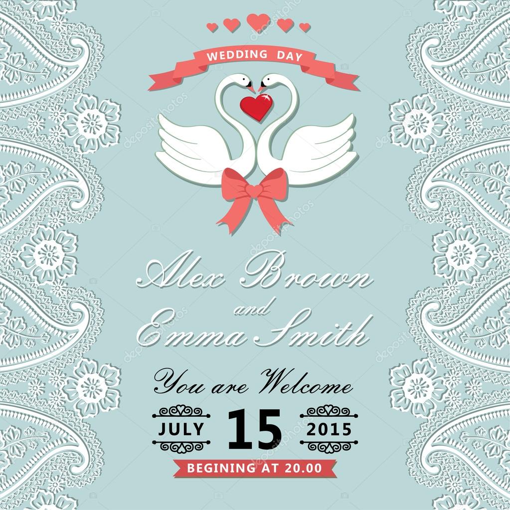 Vintage Wedding Invitation With Paisley Border Cartoon Swans Stock Photo 169 Tatiana Kost 46157679 Paisley Wedding Invitation Template