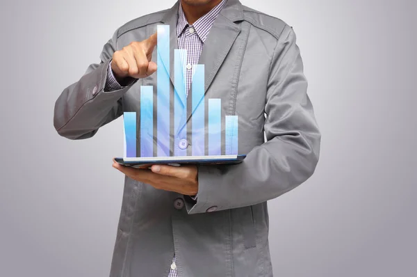 Businessman, hand pointing on touch screen graph