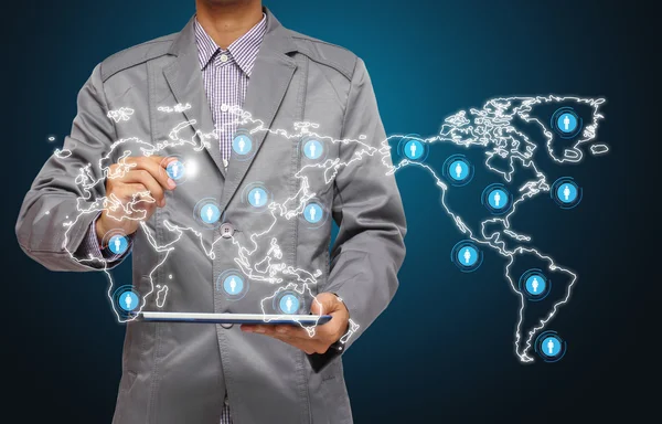 Business man pointing at virtual social network structure diagram