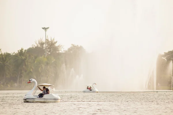 People are enjoying with the pedal boat in a lake of Rama 9 Royal garden in Bangkok