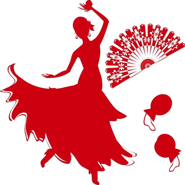 Silhouette of flamenco dancer with fan and castanets