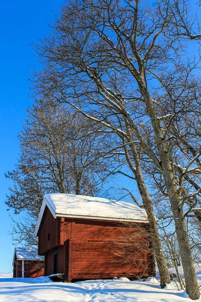 Old red log cabins