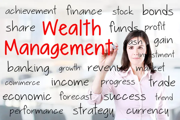 Business woman writing wealth management concept. Office background.