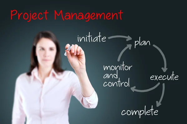 Young business woman writing project management workflow