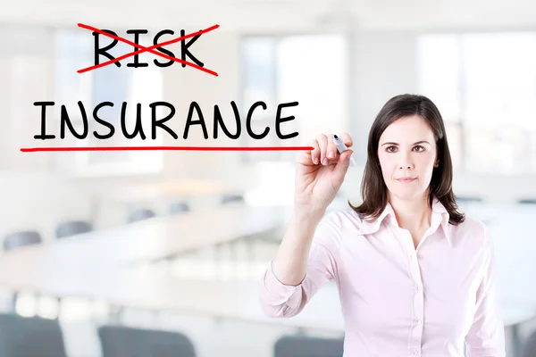 Businesswoman choosing Insurance instead of Risk. Office background.