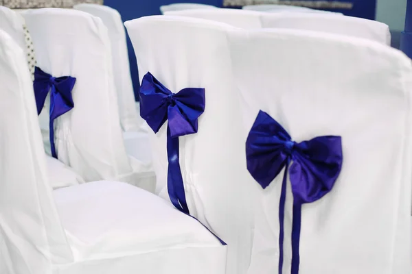 Decoration of chairs with blue bows