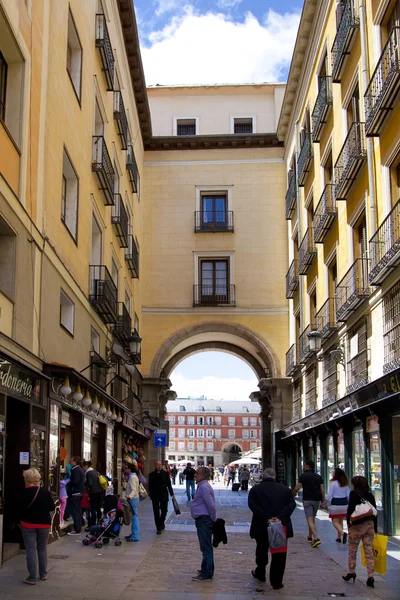 MADRID, SPAIN - MAY 28, 2014: Old Madrid city centre, busy street with people and traffic
