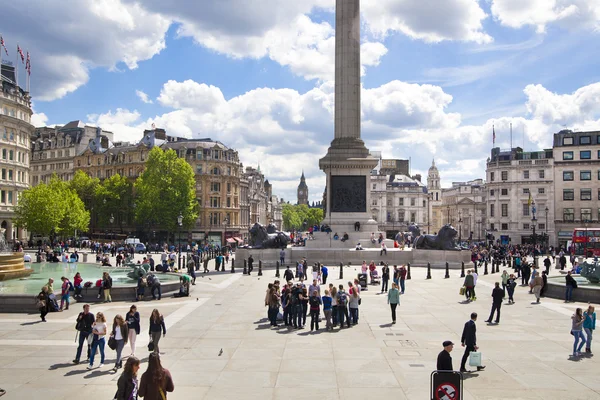 LONDON, UK - MAY 14, 2014 National Gallery, Nelson monument.  Trafalgar Square with lots of tourists