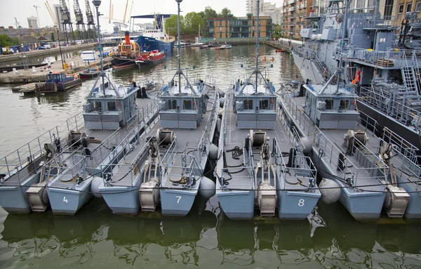 LONDON, UK - MAY 17, 2014: German army military ships based in Canary Wharf aria, to be open for public in educational content.