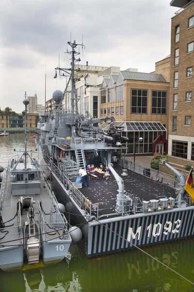 LONDON, UK - MAY 17, 2014: German army military ships based in Canary Wharf aria, to be open for public in educational content.