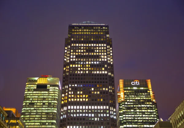 LONDON, UK - JULY 14, 2014: Canary Wharf at dusk, Famous skyscrapers of London\'s financial district at twilight.