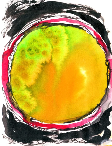 Colorful abstract background with a circle. Watercolor and ink.