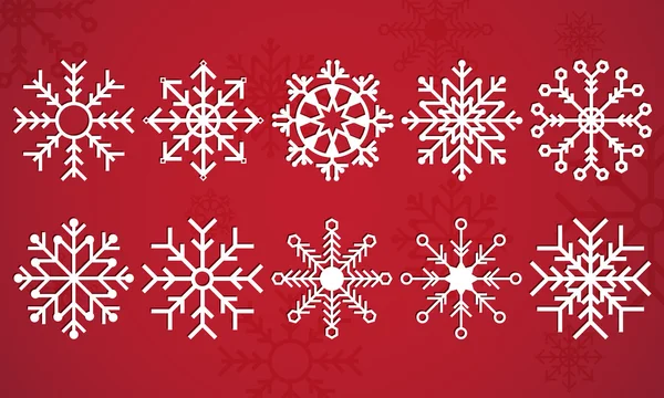 Snow Flake Vector on a deep red background beautifully displayed in pack of ten illustrated snowflakes